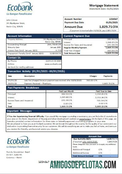 Declaração de hipoteca do Benin Ecobank Bank exemplo